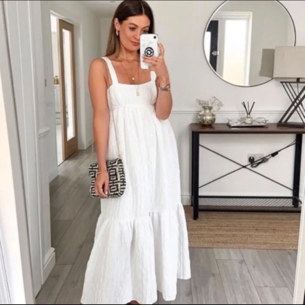 NWOT Zara White Voluminous Textured Weave Midi Maxi Dress Size S